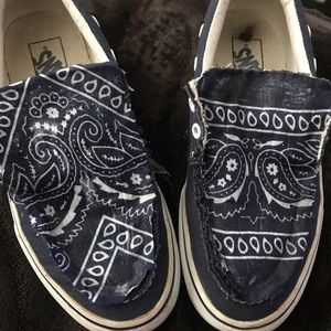 Customized dark blue bandana slip on vans